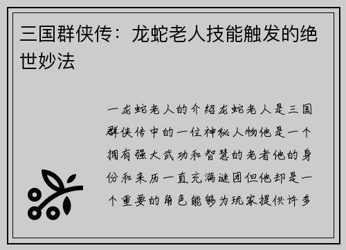 三国群侠传：龙蛇老人技能触发的绝世妙法